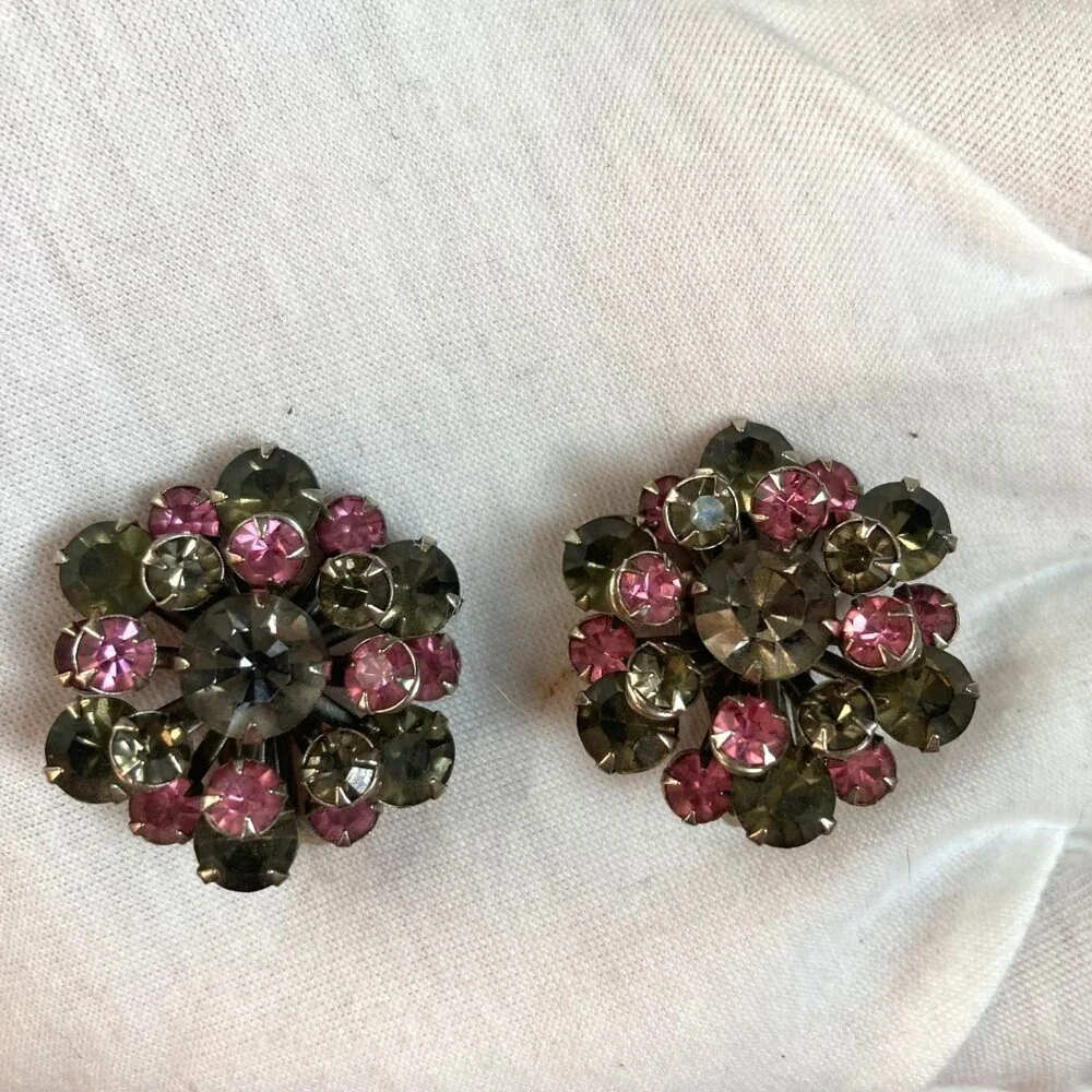 Vintage Rhinestone Cluster Earrings Clip On Pink Gray Prong Set Coquette Girl